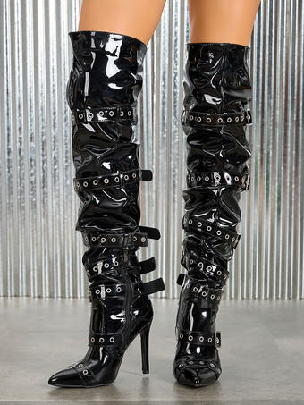 ブラックのオーバーニーブーツ、つま先が尖ったバックルディテールのハイヒールサイハイブーツ