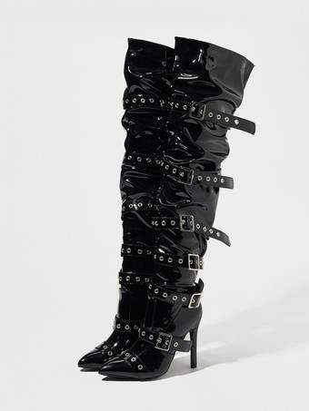 ブラック ブラックのオーバーニーブーツ、つま先が尖ったバックルディテールのハイヒールサイハイブーツ
