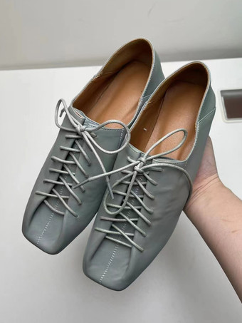 グレイレディースフラットシューズ スクエアトゥ レースアップ カジュアルシューズ