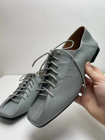 レディースフラットシューズ スクエアトゥ レースアップ カジュアルシューズ