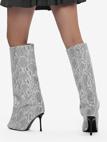 レディース ワイドカーフブーツ つま先スネーク柄ハイヒールニーハイブーツ