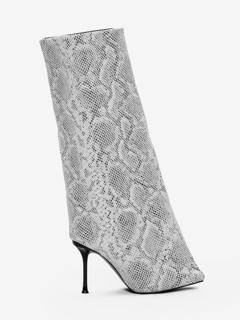 レディース ワイドカーフブーツ つま先スネーク柄ハイヒールニーハイブーツ