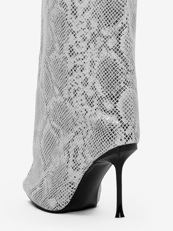 レディース ワイドカーフブーツ つま先スネーク柄ハイヒールニーハイブーツ