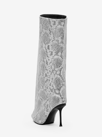 レディース ワイドカーフブーツ つま先スネーク柄ハイヒールニーハイブーツ