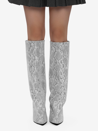 レディース ワイドカーフブーツ つま先スネーク柄ハイヒールニーハイブーツ