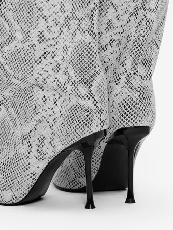 レディース ワイドカーフブーツ つま先スネーク柄ハイヒールニーハイブーツ