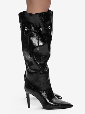 ブラックニーハイブーツ レディース ポインテッドトゥデザイン ワイドカーフブーツ