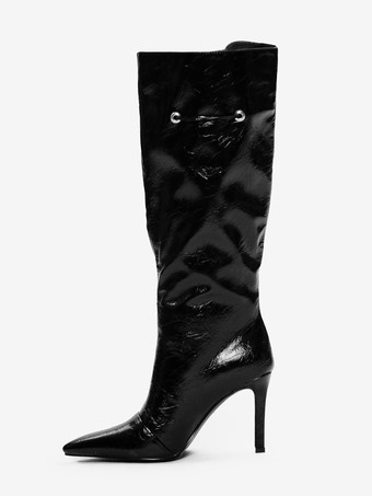 ブラックニーハイブーツ レディース ポインテッドトゥデザイン ワイドカーフブーツ