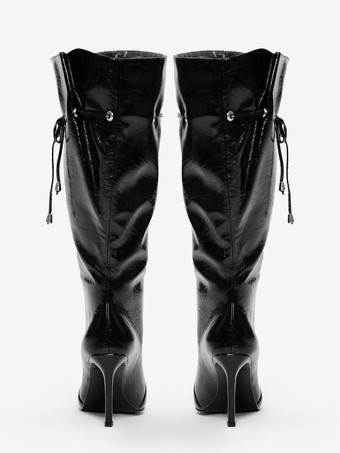 ブラックニーハイブーツ レディース ポインテッドトゥデザイン ワイドカーフブーツ