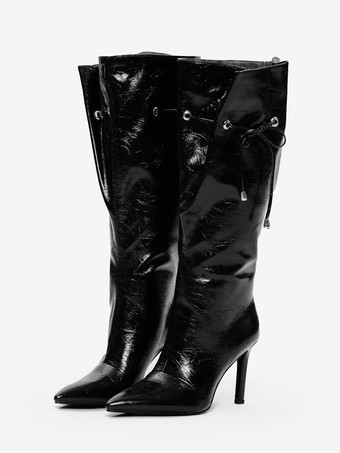 ブラック ブラックニーハイブーツ レディース ポインテッドトゥデザイン ワイドカーフブーツ