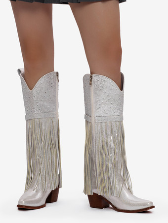 シルバーニーハイブーツ、ポインテッドトゥ、ラインストーン、チャンキーヒール、タッセル付きウエスタンブーツ