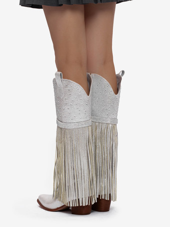 シルバーニーハイブーツ、ポインテッドトゥ、ラインストーン、チャンキーヒール、タッセル付きウエスタンブーツ