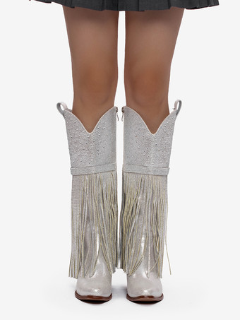 シルバーニーハイブーツ、ポインテッドトゥ、ラインストーン、チャンキーヒール、タッセル付きウエスタンブーツ