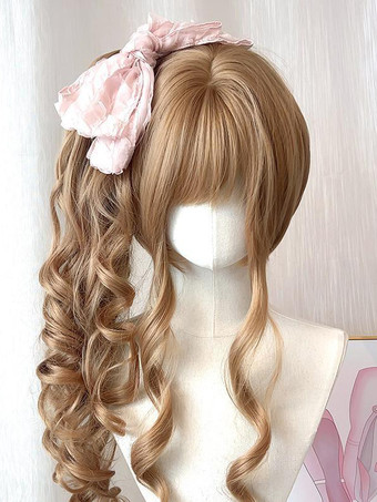 Perruques Lolita bouclées en fibre résistante à la chaleur noir brunâtre double queue de cheval avec frange accessoires Lolita