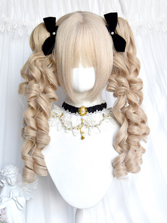 Pelucas Lolita con doble cola de caballo rizada y flequillo fibra resistente al calor color dorado claro accesorios Lolita