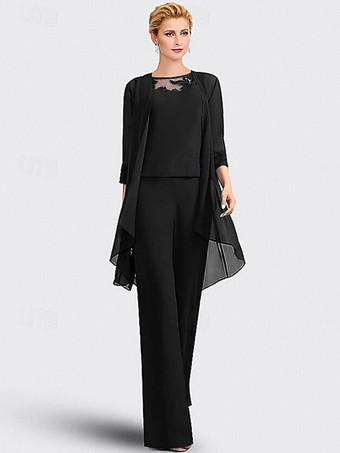 ブラック3ピース ブライダル マザードレス イリュージョンネックライン 7分袖 レース ゲストドレス 結婚式用
