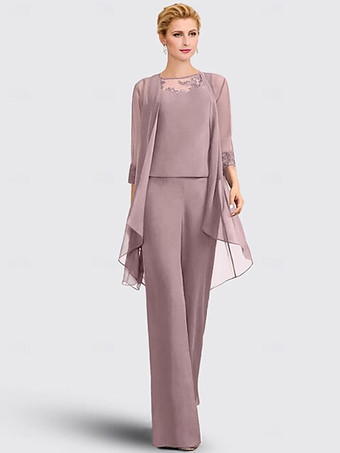 サーモンピンク3ピース ブライダル マザードレス イリュージョンネックライン 7分袖 レース ゲストドレス 結婚式用