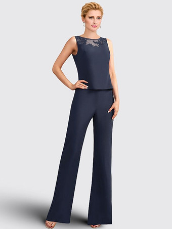 ダークネイビー3ピース ブライダル マザードレス イリュージョンネックライン 7分袖 レース ゲストドレス 結婚式用