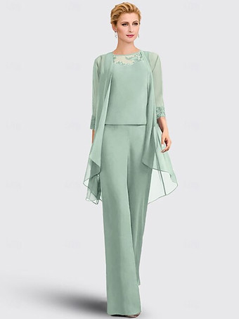 パステルグリーン3ピース ブライダル マザードレス イリュージョンネックライン 7分袖 レース ゲストドレス 結婚式用