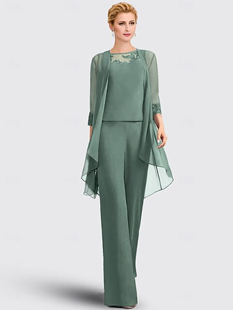 セージグリーン3ピース ブライダル マザードレス イリュージョンネックライン 7分袖 レース ゲストドレス 結婚式用