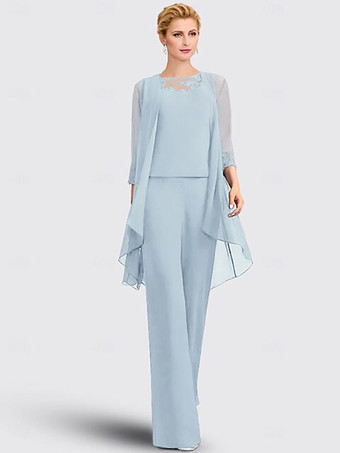 スカイブルー 3ピース ブライダル マザードレス イリュージョンネックライン 7分袖 レース ゲストドレス 結婚式用