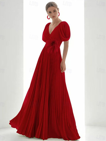 バーガンディープロムドレス シフォン Vネック Aライン 半袖 フェザー ウェディングゲストドレス