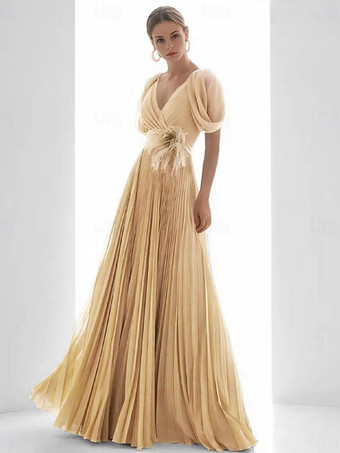 肌色プロムドレス シフォン Vネック Aライン 半袖 フェザー ウェディングゲストドレス