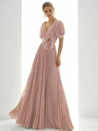 サーモンピンクプロムドレス シフォン Vネック Aライン 半袖 フェザー ウェディングゲストドレス