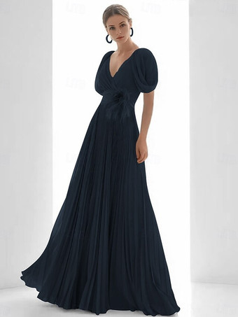 ダークネイビープロムドレス シフォン Vネック Aライン 半袖 フェザー ウェディングゲストドレス