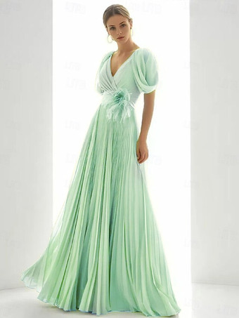 パステルグリーンプロムドレス シフォン Vネック Aライン 半袖 フェザー ウェディングゲストドレス