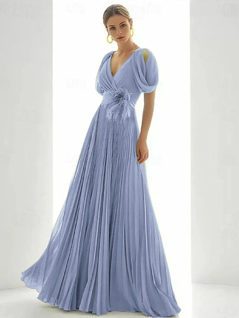 オーシャンブループロムドレス シフォン Vネック Aライン 半袖 フェザー ウェディングゲストドレス