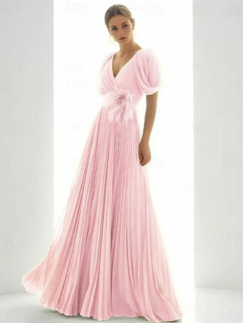 ソフトピンクプロムドレス シフォン Vネック Aライン 半袖 フェザー ウェディングゲストドレス