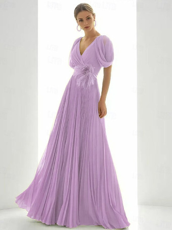 ライラックプロムドレス シフォン Vネック Aライン 半袖 フェザー ウェディングゲストドレス
