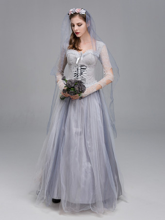 グレイゾンビハロウィンパーティーや劇場公演のためのハロウィン幽霊花嫁コスチュームビクトリア朝のウェディングドレス