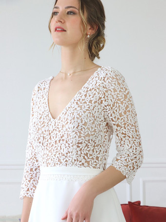 レースのウェディングドレス Vネック 7分袖 トレーン付き サテン生地 ブライダルガウン