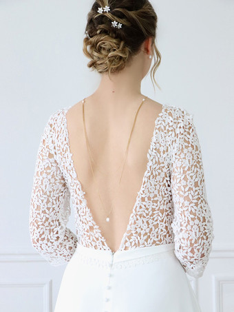 レースのウェディングドレス Vネック 7分袖 トレーン付き サテン生地 ブライダルガウン