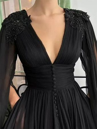 ダークグリーン黒のウェディングドレス、イブニングドレス、ボールガウン、Vネック、シフォン、フロア丈、ビーズ付き、社交パーティードレス