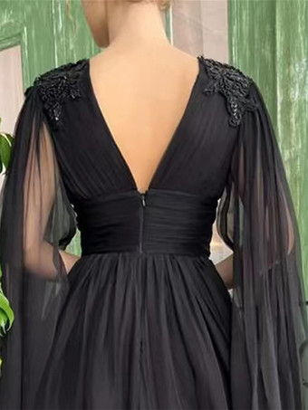 黒のウェディングドレス、イブニングドレス、ボールガウン、Vネック、シフォン、フロア丈、ビーズ付き、社交パーティードレス
