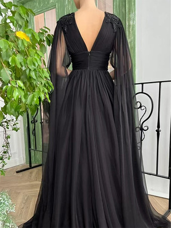 黒のウェディングドレス、イブニングドレス、ボールガウン、Vネック、シフォン、フロア丈、ビーズ付き、社交パーティードレス