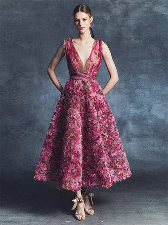 ルビーレッドヴィンテージ カクテルドレス グラマー ボールガウン ティー丈 Vネック フラワー