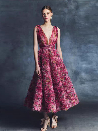 ヴィンテージ カクテルドレス グラマー ボールガウン ティー丈 Vネック フラワー