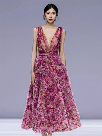 ヴィンテージ カクテルドレス グラマー ボールガウン ティー丈 Vネック フラワー