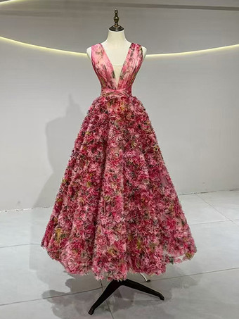 ヴィンテージ カクテルドレス グラマー ボールガウン ティー丈 Vネック フラワー