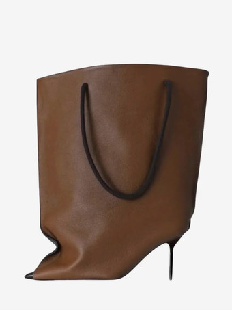 ブラウンレディース ワイドカーフブーツ ポインテッドトゥデザイン ハイヒールブーティ