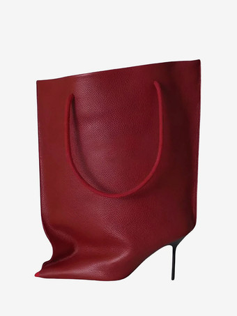 バーガンディーレディース ワイドカーフブーツ ポインテッドトゥデザイン ハイヒールブーティ