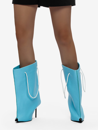 レディース ワイドカーフブーツ ポインテッドトゥデザイン ハイヒールブーティ