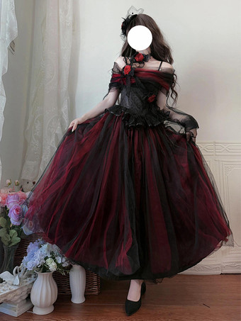 Vestidos de novia góticos lolita de malla color rosa y negro manga larga con volantes.