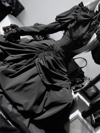 Gothic Lolita Set Black Ruffles Bows Long Sleeves Shirt Skirt Sets