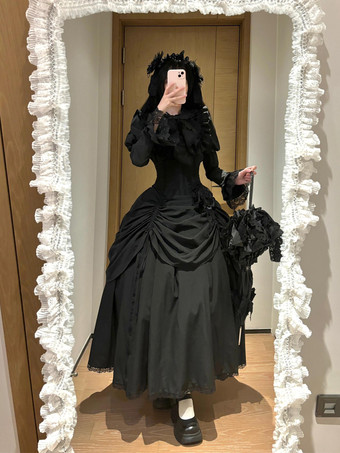 Gothic Lolita Set Black Ruffles Bows Long Sleeves Shirt Skirt Sets