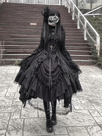 Vestido gótico lolita con cordones volantes estilo princesa manga larga acampanada negro con cintura ceñida elegante vintage.